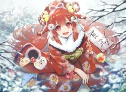 Rule 34 | 1girl, animal ears, bell, blue ribbon, bow, branch, commentary request, flower, fur-trimmed kimono, fur trim, gawako, hair bell, hair bow, hair flower, hair ornament, hair ribbon, japanese clothes, kimono, long sleeves, looking at viewer, nail polish, obi, open mouth, original, outdoors, pink ribbon, red eyes, red kimono, red nails, ribbon, rope, sash, shimenawa, sitting, smile, snow, solo, tagme, teeth, torii, upper teeth only, white flower, yellow ribbon