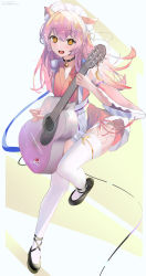 Rule 34 | animal ear fluff, animal ears, apron, bare shoulders, black footwear, cat ears, crescent, detached sleeves, dress, frilled dress, frills, fuenyuan, garter straps, guitar, hair ribbon, highres, holding, holding instrument, indie virtual youtuber, instrument, long hair, looking at viewer, maid, maid headdress, mary janes, munmosshu, music, obi, open mouth, pink dress, pink hair, playing instrument, ribbon, sash, shoes, smile, solo, thighhighs, virtual youtuber, wa maid, waist apron, white garter straps, white thighhighs, wide sleeves, yellow eyes, zettai ryouiki