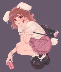 Rule 34 | 1girl, animal ears, backpack, bag, blouse, blush, bracelet, brown eyes, brown hair, can, drink, ear piercing, extra ears, fashion, floppy ears, frilled skirt, frilled sleeves, frilled socks, frills, gyaru, hair ornament, highres, inaba tewi, jewelry, looking at viewer, makeup, md5 mismatch, piercing, platform footwear, puffy short sleeves, puffy sleeves, rabbit, rabbit ears, rabbit girl, rabbit tail, ring, shirt, short hair, short sleeves, sitting, skirt, socks, solo, tail, touhou, wavy hair, weedymeadowfawn