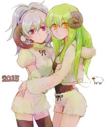 Rule 34 | 2015, 2girls, amber (darker than black), animal costume, commentary request, darker than black, green hair, horns, long hair, looking at viewer, multiple girls, ouru109, ponytail, purple eyes, sheep, silver hair, simple background, smile, tagme, thighhighs, white background, yellow eyes, yin (darker than black)