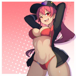 Rule 34 | 1girl, arms up, baseball cap, bikini, black jacket, border, breasts, cameltoe, cleavage, cowboy shot, gradient background, hat, heterochromia, highres, hololive, hololive fantasy, houshou marine, jacket, large breasts, long hair, looking at viewer, navel, open mouth, pink background, polka dot, polka dot background, ponytail, red bikini, red eyes, red hair, shiny skin, smile, solo, standing, sunglasses on head, swimsuit, teeth, tongue, upper teeth only, virtual youtuber, white border, yellow eyes, yorunaku tanishi