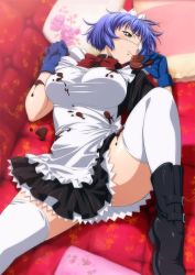 Rule 34 | 00s, 1girl, blue hair, boots, breasts, chocolate, chocolate on body, chocolate on breasts, eyepatch, ikkitousen, large breasts, lying, official art, ryomou shimei, short hair, solo, spread legs, thighhighs
