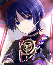 Rule 34 | 1boy, arm armor, black shirt, black vest, blue eyes, blunt ends, closed mouth, commentary, crossed arms, genshin impact, gold, hair between eyes, hat, highres, jewelry, jingasa, looking at viewer, male focus, mandarin collar, mitsudomoe (shape), necklace, open clothes, open vest, purple hair, red hat, scaramouche (genshin impact), shirt, short hair, short sleeves, simple background, smile, solo, tomoe (symbol), upper body, user uhjn2434, veil, vest, white background