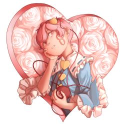 Rule 34 | 1girl, blue shirt, commentary, facepaint, fingernails, flower, frilled sleeves, frills, hand on own cheek, hand on own face, head rest, head tilt, heart, highres, holding, komeiji satori, mefomefo, parted lips, pink eyes, pink flower, pink hair, pink rose, ribbon trim, rose, shirt, short hair, simple background, solo, third eye, touhou, upper body, white background, wide sleeves