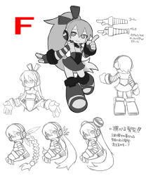 Rule 34 | 1girl, alternate hairstyle, boots, braid, call (mighty no. 9), call f, character sheet, concept art, double bun, dress, greyscale, headphones, knee boots, long hair, mighty no. 9, monochrome, natsume yuji, natsume yuuji, official art, ponytail, robot, single braid, smile, solo, split ponytail, striped, striped sleeves, translation request, undressing, very long hair
