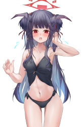 Rule 34 | 1girl, alternate costume, amaton707, arm up, bare shoulders, bikini, black bikini, black hair, black horns, blue archive, blue hair, blunt bangs, blush, breasts, collarbone, cowboy shot, demon horns, furrowed brow, fuuka (blue archive), gradient hair, halo, hand up, highres, horns, long hair, looking at viewer, medium breasts, multicolored hair, navel, open mouth, red eyes, red halo, simple background, solo, stomach, swimsuit, thigh gap, white background