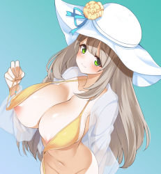 Rule 34 | 1girl, areola slip, bikini, blue archive, bottomless, breasts, flower, front-tie bikini top, front-tie top, gokubuto mayuge, gradient background, green eyes, hat, hat flower, hat ribbon, highres, jacket, large breasts, light brown hair, looking at viewer, navel, nonomi (blue archive), nonomi (swimsuit) (blue archive), official alternate costume, out-of-frame censoring, ribbon, see-through, see-through jacket, solo, sun hat, swept bangs, swimsuit, untied bikini, yellow bikini