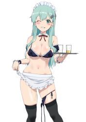 Rule 34 | 1girl, apron, apron lift, bikini, bikini pull, bikini top only, black bikini, black thighhighs, blush, breast milk, clothes lift, clothes pull, commentary request, cup, detached collar, green eyes, green hair, hair ornament, hairclip, highres, kantai collection, lactation, lactation through clothes, long hair, looking at viewer, maid, maid bikini, maid headdress, mikan 29344886, neck ribbon, one eye closed, pee, pee stain, peeing, peeing self, plate, red ribbon, ribbon, simple background, smile, solo, suzuya (kancolle), swimsuit, thighhighs, unconventional maid, waist apron, white apron, white background