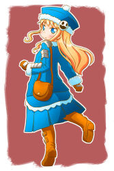 Rule 34 | 1girl, :o, bag, blonde hair, blue eyes, blue hat, blue jacket, blue skirt, blush, boots, brown background, brown footwear, brown gloves, commentary request, etrian odyssey, from behind, full body, fur-trimmed headwear, fur-trimmed sleeves, fur trim, gloves, gunner (sekaiju), gunner 2 (sekaiju), hat, jack frost (megami tensei), jacket, knee boots, long hair, long sleeves, looking at viewer, looking back, naga u, outline, parted lips, pleated skirt, sekaiju no meikyuu, sekaiju no meikyuu 2, shin megami tensei, shoe soles, shoulder bag, skirt, solo, two-tone background, very long hair, white background, white outline