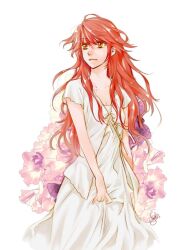 Rule 34 | 1girl, artist name, dress, flower, ice (lily love), lily love, long hair, looking afar, parted lips, ratana satis, red eyes, red hair, short hair, signature, solo, white dress