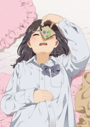 Rule 34 | 1girl, artist name, bow, bowtie, unworn bowtie, cellphone, closed eyes, dropping, failure, hand on own stomach, lying, mattaku mousuke, motion blur, on back, on bed, open mouth, original, phone, pillow, shirt, solo, watermark, wince