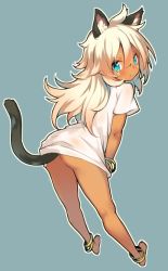 Rule 34 | 1girl, animal ears, anklet, ass, bangle, barefoot, bent over, blonde hair, blue background, blue eyes, bracelet, cat ears, cat tail, dark-skinned female, dark skin, facial mark, from behind, full body, hair between eyes, jewelry, leaning forward, looking at viewer, looking back, messy hair, naked shirt, original, rokushou, shirt, shirt tug, simple background, solo, tail