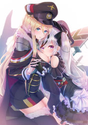 Rule 34 | 2girls, azur lane, bare shoulders, bismarck (azur lane), black cape, black dress, black gloves, black hair, black legwear, blonde hair, blue eyes, blush, breasts, cape, cleavage, curly hair, dress, elbe (azur lane), expressionless, from side, fur-trimmed cape, fur-trimmed legwear, fur trim, german flag, gloves, hair between eyes, hair ribbon, hat, head on chest, highres, holding hands, imo bouya, imperial german flag, interlocked fingers, kneeling, leaning on person, long hair, looking at viewer, looking to the side, medium breasts, military, military uniform, multicolored eyes, multicolored hair, multiple girls, off-shoulder dress, off shoulder, peaked cap, purple eyes, ribbon, silver hair, staring, streaked hair, thighhighs, two-tone hair, two side up, uniform, very long hair, white gloves