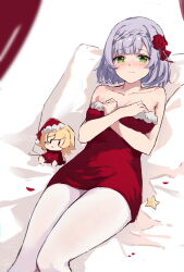 Rule 34 | 1girl, alternate costume, bare shoulders, blush, braid, closed mouth, collarbone, dress, flower, foot out of frame, genshin impact, green eyes, grey hair, hair flower, hair ornament, highres, looking at viewer, lumine (genshin impact), lying, no bra, noelle (genshin impact), on back, pantyhose, pillow, red dress, red flower, sleeveless, star (symbol), stuffed toy, thighs, white pantyhose, yajuu