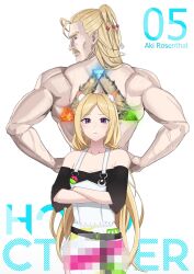 Rule 34 | 1boy, 1girl, absurdres, aki rosenthal, animal ear fluff, animal ears, apron, ark survival evolved, belt, black belt, black shirt, blonde hair, breasts, censored, character name, cleavage, collarbone, crossed arms, facial hair, highres, hololive, kuon bb, logo, long hair, looking back, mosaic censoring, mukirose, muscular, muscular male, mustache, off-shoulder shirt, off shoulder, purple eyes, shirt, small breasts, twintails, veins, veiny arms, virtual youtuber, white apron