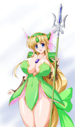 Rule 34 | 1girl, armor, bikini armor, blonde hair, blue eyes, breasts, brown gloves, cleavage, collarbone, curvy, dress, elbow gloves, female focus, fingerless gloves, gem, gloves, gradient background, green gemstone, groin, hair ornament, hair ribbon, headgear, highres, huge breasts, jewelry, long hair, looking at viewer, necklace, no panties, open mouth, polearm, purple gemstone, raochuu, revealing clothes, ribbon, riesz, seiken densetsu, seiken densetsu 3, simple background, skirt, solo, spear, standing, thick thighs, thighs, trident, very long hair, weapon, wide hips