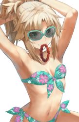Rule 34 | 1girl, armpits, arms behind head, arms up, bare shoulders, bikini, blonde hair, braid, breasts, collarbone, fate/apocrypha, fate/grand order, fate (series), female focus, floral print, french braid, front-tie bikini top, front-tie top, green bikini, green eyes, hair tie in mouth, long hair, looking at viewer, mordred (fate), mordred (fate/apocrypha), mouth hold, navel, parted bangs, ponytail, red scrunchie, scrunchie, side-tie bikini bottom, sidelocks, simple background, small breasts, smile, solo, strapless, strapless bikini, sunglasses, swimsuit, tonee, tying hair, white background