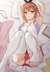 Rule 34 | 1girl, absurdres, armpits, arms up, atelier (series), atelier ryza, atelier ryza 1, black hairband, book, bow hairband, breasts, bridal legwear, brown eyes, brown hair, feet, foot out of frame, hair ornament, hairband, hairclip, halterneck, head on pillow, highres, jewelry, unworn jewelry, knees together feet apart, knees up, large breasts, legs, looking at viewer, lying, nacho (nacho 1103), necklace, unworn necklace, no shoes, on back, on bed, open book, parted lips, red shorts, reisalin stout, shirt, short hair, short shorts, shorts, sleeveless, sleeveless shirt, solo, star (symbol), star necklace, sweat, thighhighs, thighs, toenails, toes, white headwear, white shirt, white thighhighs