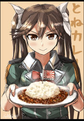 Rule 34 | 1girl, black skirt, blush, brown background, brown eyes, brown hair, closed mouth, curry, curry rice, food, green jacket, hair between eyes, hair ribbon, highres, hiragana, holding, jacket, japanese flag, kantai collection, katakana, long hair, long skirt, looking at viewer, plate, ribbon, rice, rising sun flag, seitei (04seitei), short sleeves, simple background, skirt, smile, solo, sunburst, tone (kancolle), twintails, twitter username, upper body, white ribbon