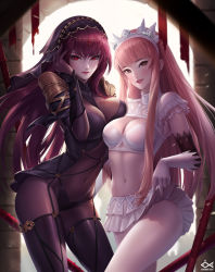Rule 34 | 2girls, armor, blunt bangs, bodysuit, breasts, citemer, cleavage, clothes lift, covered navel, cowboy shot, fate/grand order, fate (series), hair intakes, highres, large breasts, lifted by self, long hair, looking at viewer, medb (fate), medium breasts, miniskirt, multiple girls, pantyhose, pauldrons, pink hair, purple bodysuit, purple hair, red eyes, scathach (fate), shoulder armor, skirt, skirt lift, smile, stomach, tiara, veil