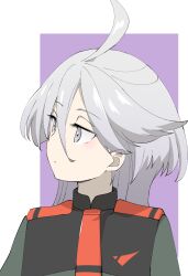 Rule 34 | 1girl, ahoge, closed mouth, commentary request, green jacket, grey eyes, grey hair, gundam, gundam suisei no majo, hair between eyes, highres, jacket, long hair, looking away, looking to the side, miorine rembran, naegi (naegidokoro), necktie, purple background, red necktie, solo, two-tone background, upper body, white background
