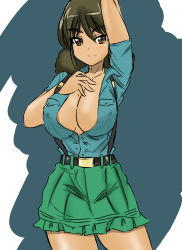 Rule 34 | 1girl, absurdres, aoshidan school uniform, arm behind head, arm up, belt, black belt, blue shirt, blush, breasts, cleavage, closed mouth, collared shirt, commentary, cowboy shot, dark-skinned female, dark skin, frilled skirt, frills, girls und panzer, green skirt, hand on own chest, highres, large breasts, light blush, looking at viewer, medium hair, moesenyukikaze, one-hour drawing challenge, partially unbuttoned, pleated skirt, school uniform, shirt, short sleeves, skirt, smile, solo, standing, suspender skirt, suspenders, viridiana (girls und panzer)