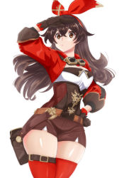 Rule 34 | 1girl, amber (genshin impact), breasts, brown eyes, brown gloves, brown hair, brown shorts, cleavage, crossed bangs, genshin impact, gloves, goggles, goggles around neck, highres, jacket, long hair, long sleeves, looking at viewer, medium breasts, pouch, red jacket, red legwear, red ribbon, ribbon, short shorts, shorts, shrug (clothing), simple background, solo, task baron, thighs, white background