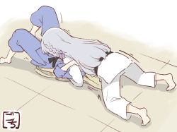 Rule 34 | 2girls, all fours, artist name, assault lily, barefoot, belt, black belt, blonde hair, blue pants, blue shirt, bow, braid, commentary request, covered face, dougi, facing away, from above, girl on top, gochisousama (tanin050), grey hair, hair bow, judo, judo hold, knees up, kon kanaho, long hair, long sleeves, lying, martial arts belt, miyagawa takane, motion lines, multiple girls, on back, on floor, pants, purple bow, shirt, side braid, soles, tile floor, tiles, very long hair, white background, white pants, white shirt, wide sleeves, wrestling