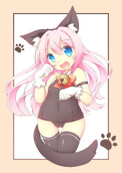 Rule 34 | 1girl, animal ears, bell, blush, bodysuit, cat ears, fang, gloves, highres, kt cano, long hair, looking at viewer, open mouth, original, pink hair, simple background, tail, thighs
