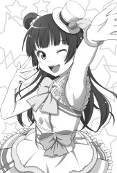 Rule 34 | 10s, 1girl, armpits, bow, bowtie, bracelet, flower, greyscale, ha-ru, hair bun, hair ornament, hat, hat flower, jewelry, looking at viewer, love live!, love live! school idol project, love live! sunshine!!, monochrome, one eye closed, outstretched hand, pleated skirt, ribbon, single hair bun, sketch, skirt, smile, solo, tsushima yoshiko, v