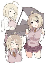 Rule 34 | 10s, 1girl, ahoge, akamatsu kaede, blonde hair, breasts, danganronpa (series), danganronpa v3: killing harmony, closed eyes, fortissimo, hair ornament, instrument, looking at viewer, multiple views, music, musical note, musical note hair ornament, necktie, open mouth, piano, playing instrument, pleated skirt, purple eyes, saru, skirt, smile, sweater vest, thick eyebrows