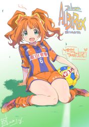Rule 34 | 1girl, albirex niigata, blush, color connection, dated, green eyes, highres, idolmaster, idolmaster (classic), inoue sora, j. league, long hair, looking at viewer, open mouth, orange hair, shorts, signature, smile, soccer, soccer uniform, solo, sportswear, takatsuki yayoi, thighs, twintails