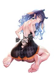 Rule 34 | 1girl, absurdres, ass, barefoot, blush, feet, grey eyes, highres, hololive, hololive english, jagoo, long hair, looking at viewer, looking back, ninomae ina&#039;nis, panties, pantyshot, smile, soles, toes, underwear, virtual youtuber, white background