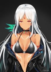 Rule 34 | 1girl, arm strap, azur lane, bare shoulders, bikini, bikini top only, bikini under clothes, black jacket, blush, breasts, brown eyes, choker, cleavage, closed mouth, collarbone, commentary, dark-skinned female, dark skin, feather hair ornament, feathers, hair ornament, highres, jacket, large breasts, long hair, long sleeves, looking at viewer, massachusetts (azur lane), multicolored hair, native american, navel, off shoulder, open clothes, partially unzipped, septoleaf, sidelocks, signature, silver hair, simple background, smile, solo, swimsuit, swimsuit under clothes, tan, zipper