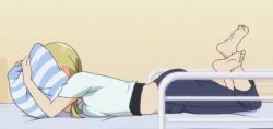 Rule 34 | 1girl, animated, animated gif, barefoot, bed, blonde hair, blush, breast press, feet, ichii yui, low twintails, lying, midriff, hugging object, on bed, on stomach, pillow, pillow hug, striped, toes, twintails, yuyushiki