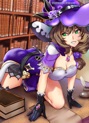 Rule 34 | 1girl, artist request, book, breasts, brown hair, cleavage, flower ornament, genshin impact, gloves, green eyes, hat, highres, kirani, large breasts, lisa (genshin impact), long hair, parted lips, solo, witch hat