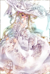 Rule 34 | 1girl, bad id, bad pixiv id, bare shoulders, blonde hair, dress, female focus, frilled dress, frills, geroro, hat, large hat, lolita fashion, long hair, original, solo, twintails, white background