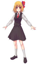 Rule 34 | 1girl, blonde hair, blush, embodiment of scarlet devil, female focus, hair ribbon, necktie, outstretched arms, red eyes, red necktie, ribbon, rumia, short hair, solo, spread arms, touhou, unasaka ryou