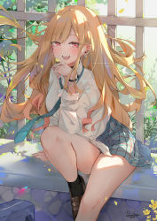 Rule 34 | 1girl, arm behind back, bare legs, blonde hair, breasts, brown footwear, commentary request, dated, dema hmw, ear piercing, fence, flower, forehead, frilled skirt, frills, full body, highres, holding, holding flower, kitagawa marin, knee up, long sleeves, looking to the side, loose necktie, messy hair, nail polish, necktie, open mouth, outdoors, parted bangs, piercing, pink nails, plant, pleated skirt, red eyes, school uniform, shirt, signature, sitting, skirt, socks, solo, sono bisque doll wa koi wo suru, sparkle, sunlight, teeth, thighs, uniform, upper teeth only, white shirt