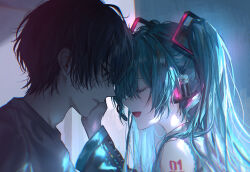 Rule 34 | 1boy, 1girl, asano (kazusasn), black hair, black sleeves, blue hair, closed eyes, hand on another&#039;s cheek, hand on another&#039;s face, hatsune miku, headset, highres, open mouth, shoulder tattoo, smile, tattoo, twintails, vocaloid