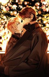 Rule 34 | 2boys, backlighting, blonde hair, brown hair, city lights, clothes pull, covered mouth, eye contact, fate/stay night, fate (series), gilgamesh (fate), gloves, imminent kiss, kiss, kotomine kirei, looking at another, maka (mksrw), male focus, multiple boys, night, winter clothes, yaoi