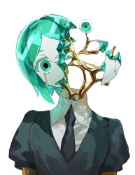 Rule 34 | 1other, androgynous, aqua eyes, aqua hair, black shirt, breaking, broken, collared shirt, colored eyelashes, colored skin, cracked skin, crying, crying with eyes open, crystal hair, decapitation, disembodied head, eyeball, gem uniform (houseki no kuni), glowing, glowing hair, gold, golden arms, head tilt, high collar, highres, houseki no kuni, leaking, liquid, molten metal, necktie, niku 0000, other focus, parted bangs, phosphophyllite, phosphophyllite (gemstone), puffy short sleeves, puffy sleeves, severed head, shirt, short hair, short sleeves, solo, tears, upper body, white skin, wing collar
