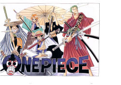 Rule 34 | 1990s (style), 1998, 1girl, 4boys, barefoot, black hair, blonde hair, cape, cigarette, color spread, colorspread, copyright name, cover, cover page, food, green hair, hair over one eye, haramaki, hat, highres, indian style, japanese clothes, jolly roger, katana, monkey d. luffy, mouth hold, multiple boys, nami (one piece), oda eiichirou, official art, one piece, ootachi, orange hair, roronoa zoro, sandals, sanji (one piece), scabbard, scarf, sheath, sheathed, sitting, smile, smoking, standing, straw hat, sword, tattoo, teeth, usopp, wado ichimonji, weapon, white background