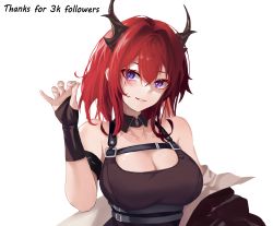 Rule 34 | 1girl, absurdres, arknights, armband, bare shoulders, black dress, breasts, chinese commentary, cleavage, commentary request, detached collar, dress, hair between eyes, hair intakes, hand up, highres, horns, infection monitor (arknights), large breasts, looking at viewer, medium hair, meme, milestone celebration, mixed-language commentary, parted lips, purple eyes, red hair, salt bae (meme), simple background, sleeveless, sleeveless dress, solo, surtr (arknights), upper body, white background, xiaobei
