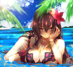 Rule 34 | 1girl, bad id, bad pixiv id, beach, bikini, blue sky, breasts, cloud, cloudy sky, day, fate/grand order, fate (series), flower, hair flower, hair intakes, hair ornament, hibiscus, large breasts, looking at viewer, mountainous horizon, palm tree, partially submerged, pink bikini, purple bikini, purple hair, red eyes, scathach (fate), scathach (fate), scathach (swimsuit assassin) (fate), sky, smile, sun, swimsuit, tree, user ypxc4745, water