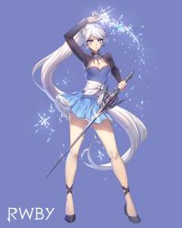 Rule 34 | 1girl, arm up, blue background, blue eyes, breasts, cleavage cutout, clothing cutout, copyright name, crystal, dress, earrings, ein lee, floating hair, full body, hair ornament, highres, holding, holding sword, holding weapon, jewelry, legs, long hair, long sleeves, myrtenaster, official art, parted lips, platform footwear, platform heels, ponytail, rwby, sash, scar, scar across eye, scar on face, short dress, simple background, small breasts, solo, sparkle, standing, swept bangs, sword, thighs, tiara, very long hair, weapon, wedge heels, weiss schnee, white hair