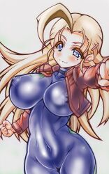 Rule 34 | 1girl, ahoge, blonde hair, blush, bodysuit, breasts, clenched hands, closed mouth, collarbone, commentary request, covered erect nipples, covered navel, curvy, furinji miu, hair ornament, hairclip, highres, jacket, large breasts, long hair, long sleeves, looking at viewer, mole, parted bangs, purple bodysuit, purple eyes, red jacket, shijou saikyou no deshi ken&#039;ichi, smile, solo, standing, taut bodysuit, yutakasan-love