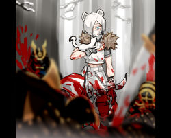 Rule 34 | 1girl, absurdres, animal ears, animal on arm, arknights, blood, blood on arm, blood on clothes, blood on face, blood splatter, blue eyes, blurry, blurry background, blurry foreground, commentary, corpse, depth of field, ermine, feet out of frame, fingerless gloves, forest, fur trim, gloves, hair over one eye, highres, mask, mouth mask, nature, official alternate costume, outdoors, planted, planted sword, planted weapon, renxzd, samurai, shirayuki (arknights), shirayuki (wind of breaking blade) (arknights), shirt, short hair, skirt, slit pupils, solo, weasel, sword, thigh strap, tree, weapon, weasel, weasel ears, white gloves, white hair, white mask, white shirt, white skirt