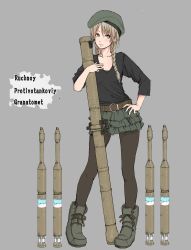 Rule 34 | 1girl, ammunition, belt, beret, blonde hair, boots, braid, electronic firearm, green eyes, gun, hat, high-explosive anti-tank (warhead), highres, jittsu, legs, lips, military, original, pantyhose, pg-29, rocket-propelled grenade, rocket (projectile), rocket launcher, rpg-29, rpg (weapon), russian text, shaped charge, skirt, sleeves pushed up, solo, tandem-charge, twin braids, weapon