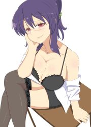 Rule 34 | 1girl, bare arms, bare shoulders, black bra, black thighhighs, bra, breasts, desk, glasses, hands on own face, highres, large breasts, looking at viewer, lughost, on desk, open clothes, purple hair, senran kagura, senran kagura estival versus, shorts, sitting, on desk, smile, rin (senran kagura), thighhighs, underwear, white background